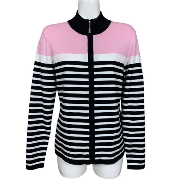 Daily Sports Pink Black and White Striped Stretch Knit Zip Front Sweater Large - Picture 1 of 9